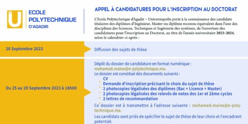 APPEL À CANDIDATURE POUR L’INSCRIPTION AU DOCTORAT – Ingénierie